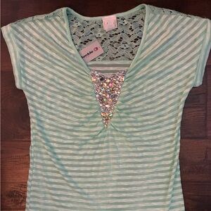 Daytrip Mint Green Striped Short Sleeve Top with Sequin Triangle
